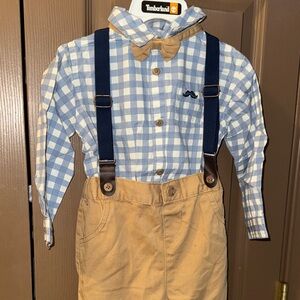 Timberland Kids Blue Plaid Shirt with Tan Suspenders Set